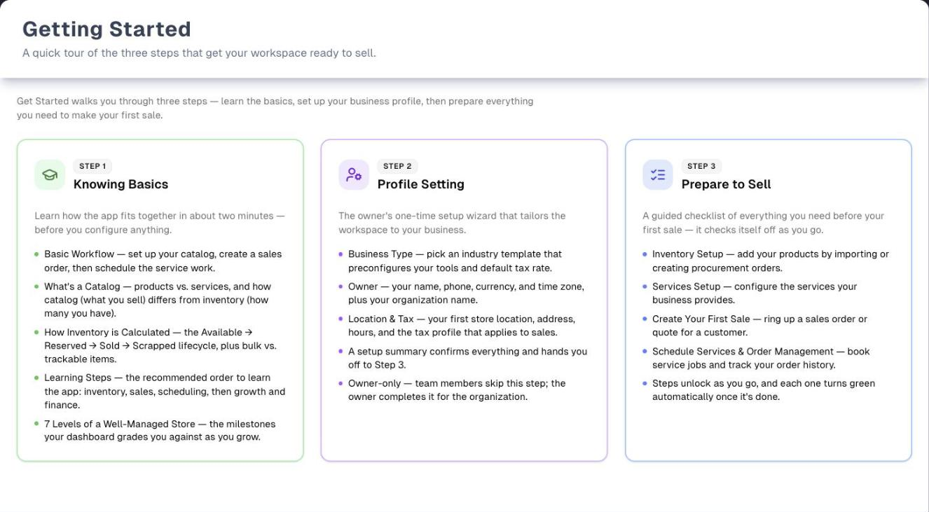 The Get Started demo, with one card for each of the three steps