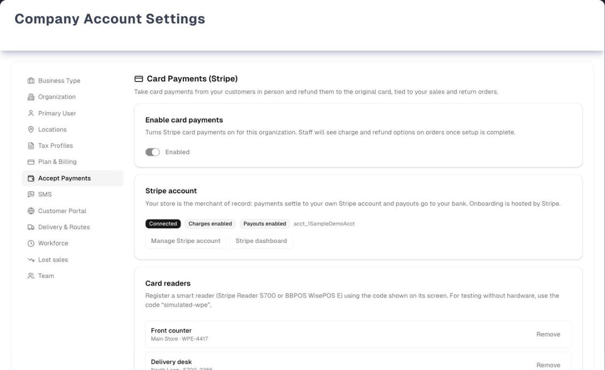 Settings → Accept Payments, shown with a sample store