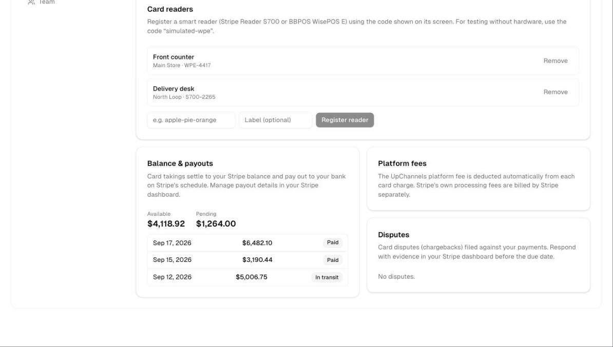 Card readers, payouts, fees and disputes, shown with a sample store